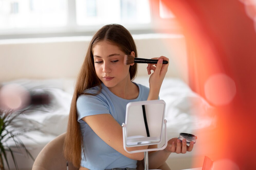 front-view-girl-putting-makeup_23-2150405071 انقلاب خانگی در مراقبت از پوست با دستگاه‌های پیشرفته