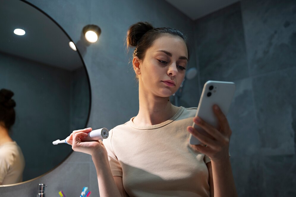 low-angle-girl-holding-smartphone_23-2149458369 روتین شبانه پوستی برای زنان شاغل: کلید داشتن پوستی شاداب و جوان